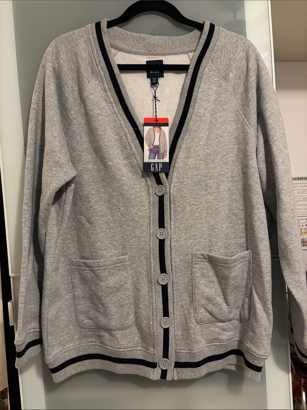 GAP Light Gray V-Neck Button Cardigan with Navy Trim